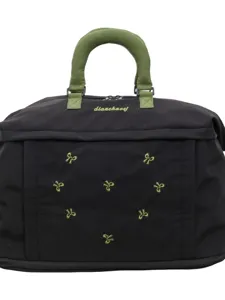 Borsa da viaggio nera con ricamo di fiocchi verdi, grande borsa per fitness e scuola.