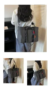 Vue détaillée du sac cabas fourre-tout rétro à carreaux avec poignée en corde contrastée.