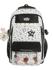 Black and white star print school backpack with clear ita pocket and cute plush toys.