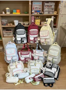 Korean style sweet plaid polka dot backpack multi-pocket student school bag set for daily use