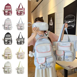 Korean style sweet plaid polka dot backpack and tote bag set for students daily school use.