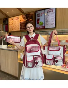 Korean style sweet plaid polka dot backpack set for students cute and stylish daily use