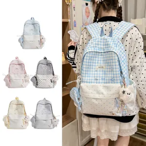 Sac à dos étudiant à carreaux et pois style coréen avec joli pendentif pour l'école.