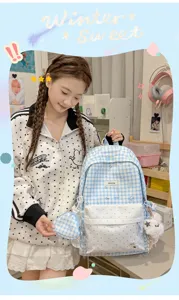 Sac à dos à carreaux et pois style coréen, cartable frais pour étudiants. Joli usage quotidien.