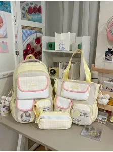 Korean sweet plaid school backpack set cute aesthetic student book bag and tote bag for girls
