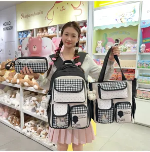 Korean sweet style plaid polka dot backpack tote bag pencil case set school student bag