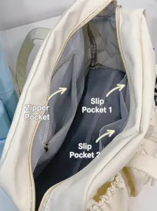 Korean soft drawstring tote bag interior detail showing pockets and compartments for daily use.