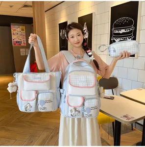 Korean sweet cute blue checkered plaid backpack set with tote bag and pencil case for school.