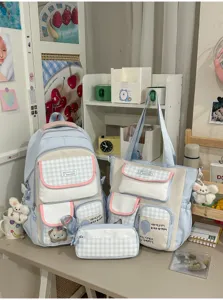 Korean sweet style plaid polka dot student school bag multi-piece set with backpack and tote.