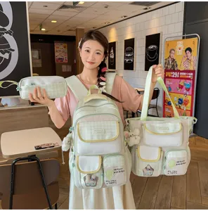 Korean sweet plaid polka dot student backpack set with tote bag and pencil case for girls.