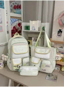 Korean style sweet plaid polka dot backpack tote bag and pencil case set in light green.