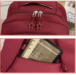 Detailed view of red student school backpack with cute star zipper pullers and front pocket.