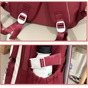 Korean style school backpack detail view showing adjustable shoulder straps and side pocket with buckle.