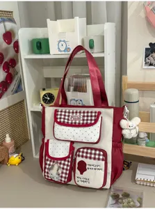 Korean style plaid polka dot canvas tote bag, red and white variant student school bag
