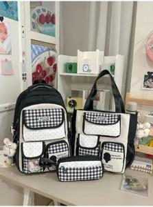 Korean style sweet plaid polka dot backpack and tote bag set for school students and daily use.