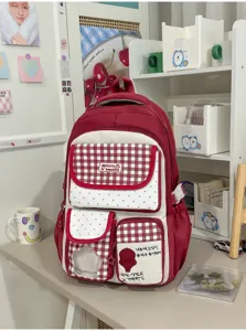 Korean sweet plaid polka dot backpack high aesthetic school bag for students red and white color block