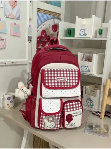 Korean sweet grid polka dot backpack school bag for students stylish casual red backpack