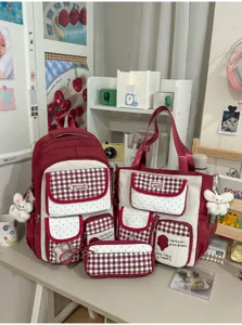 Korean sweet style red plaid polka dot backpack set with cute rabbit pendant for students.