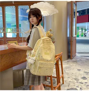 Korean style starry print canvas backpack for school travel casual daily use yellow bookbag