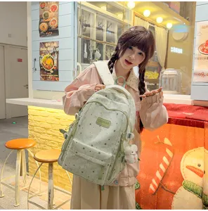 Mint green star print canvas backpack for teen girls school travel casual daily use
