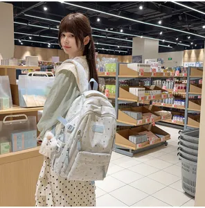 Detailed view of the dreamy blue star print backpack in Korean ins style, perfect for school travel.