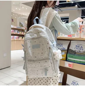 Fog blue star print school backpack for teens, cute Korean style casual travel daypack.