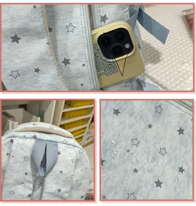 Backpack detail view showing waterproof star print fabric, sturdy straps and pocket.
