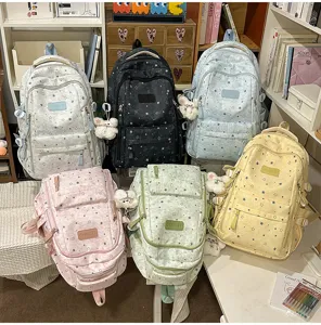 Multicolor star print school backpack with cute plush pendant for girls daily travel use.