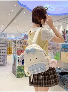 Sac à dos agneau style japonais mignon avec nœud à carreaux bleus, doux pour étudiants.