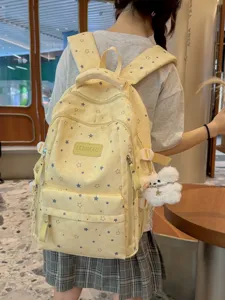 Yellow star print canvas backpack stylish school bookbag with cute plush bear pendant