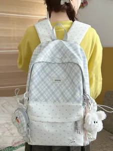 Japanese Style Plaid Patchwork Backpack For Girls Sweet Macaron Color School Bag For Students Teenagers Large Capacity Nylon Travel Backpack