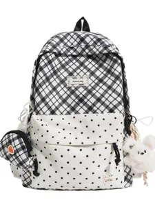 Black and white plaid backpack with polka dot front pocket cute school bag for teens