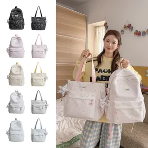 Japanese sweet style star printed student backpack and matching tote bag set daily use.