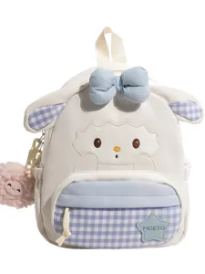 Sac à dos en toile design mouton mignon, cartable à carreaux bleu doux pour voyage quotidien.