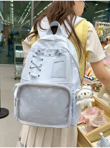 Dreamy blue anime transparent DIY ita backpack for school girls, cute star print and view.