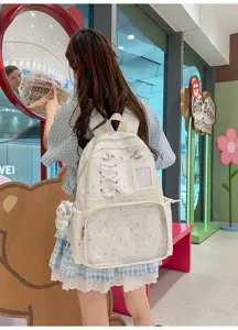 Cute transparent ita backpack with star pattern, perfect for DIY pins and kawaii fashion.