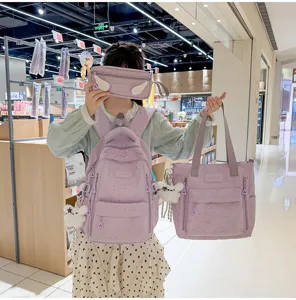 Lila Sternen Schulrucksack Set für Mädchen, süßer Tagesrucksack mit Tasche und Federmäppchen.