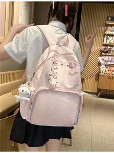 Pink kawaii school backpack with clear front pocket, stylish star print cute daypack.
