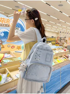 Lightweight blue star ita backpack with transparent front pocket for cute DIY pin display.