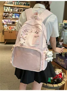 Cute pink star print student backpack with transparent front pocket and cute bear pendant.