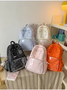 Multi-color transparent Ita backpack detail view, clear front pocket with star print