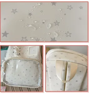 Detailed view of the clear window ita backpack with star pattern and waterproof fabric.