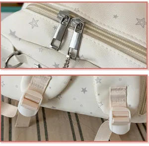 Detail shot of a cute star patterned mini backpack with secure zippers and adjustable buckles.