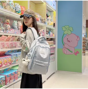 Melkblauwe sterren rugzak detail, Koreaanse ins stijl schooltas voor studenten en scholieren.