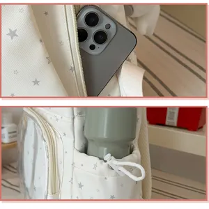Canvas Ita backpack with clear window, star pattern, multi-pocket school bag for youth.