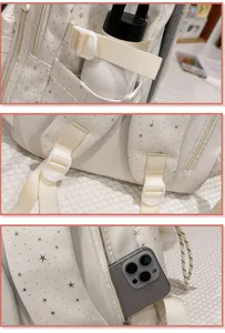 Close-up details van de casual rugzak met sterrenprint, verstelbare bandjes en handige zakken.