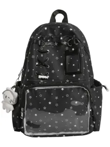 Black star print transparent ita backpack for students, cute DIY doll display window school bag.