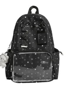 Black star print transparent ita backpack, cute anime doll bag with clear window and plush pendant.