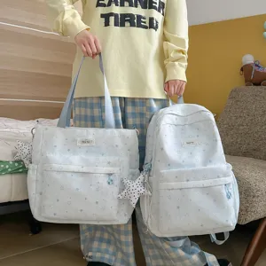 Japanese cute blue star print canvas backpack and shoulder bag set for daily school and casual use.