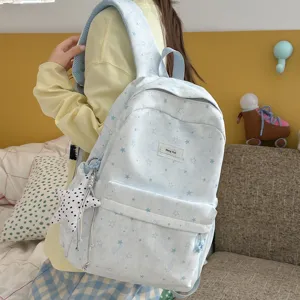Japanese sweet style light blue star print student backpack casual cute school bag for daily use